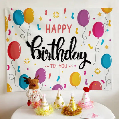 Colorful cartoon animal birthday wall tapestry with balloons and confetti in red blue yellow purple and pink decorbites birthday wall