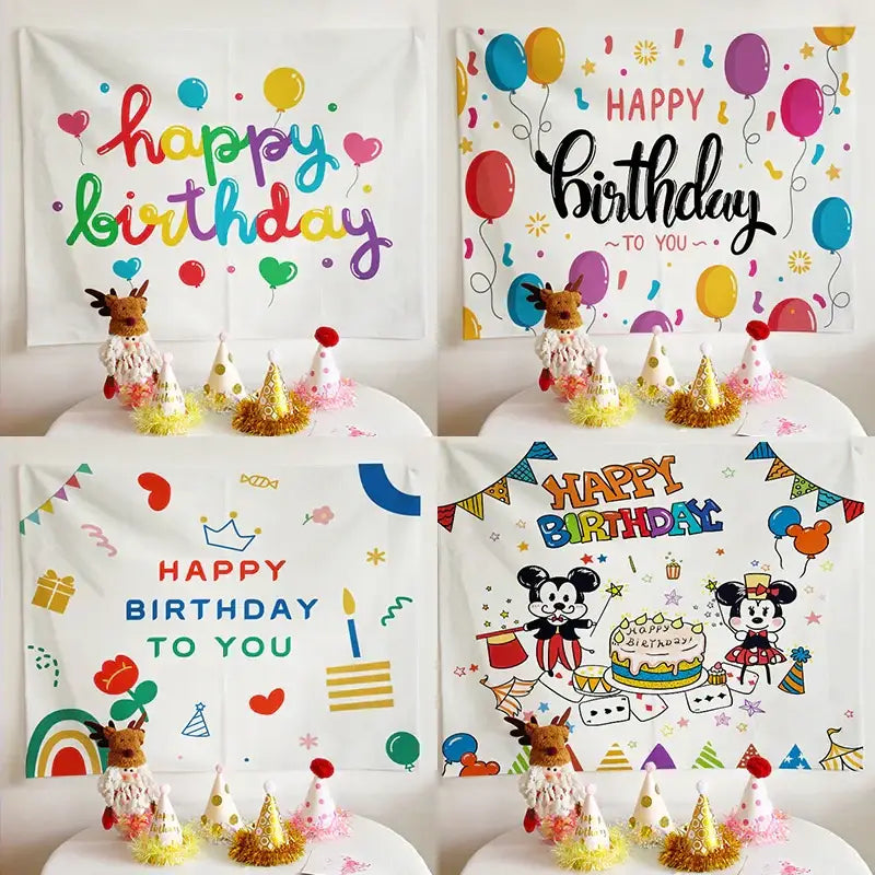 Colorful cartoon animal birthday wall tapestry featuring happy birthday party decorbites birthday wall design