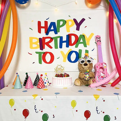 A colorful cartoon animal birthday wall tapestry featuring a plush brown teddy bear and pink hello kitty ukulele decorbites birthday wall decor