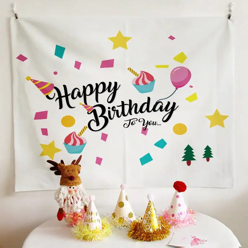 White birthday wall tapestry with colorful cartoon confetti balloons cupcakes and stars for decorbites birthday wall decor