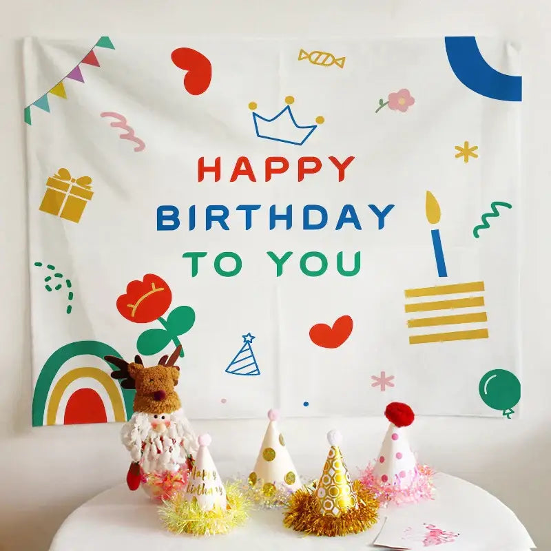 White birthday wall tapestry with colorful cartoon animals and text perfect for decorbites birthday wall decor