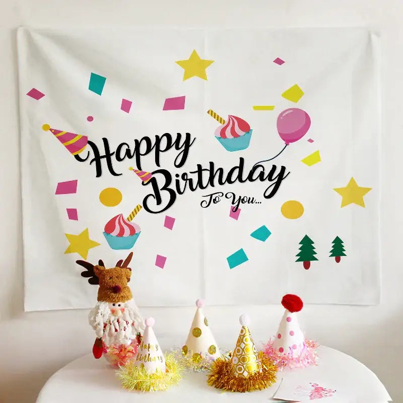 Colorful cartoon animal birthday wall tapestry with happy birthday decorbites birthday wall in pink yellow teal and gold colors