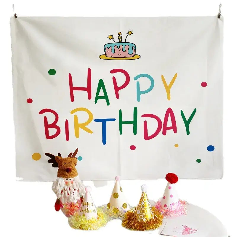 White birthday wall tapestry with colorful happy birthday lettering and cartoon cake decorbites birthday wall decor