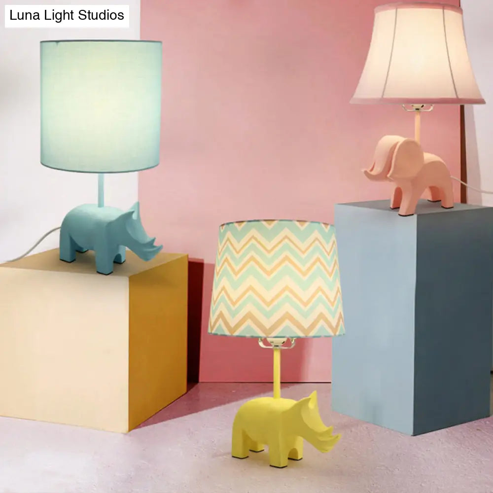 Colorful Cartoon Animal Table Lamp with Fabric Shade - Pink Elephant, Peacock Blue, or Yellow Rhinoceros