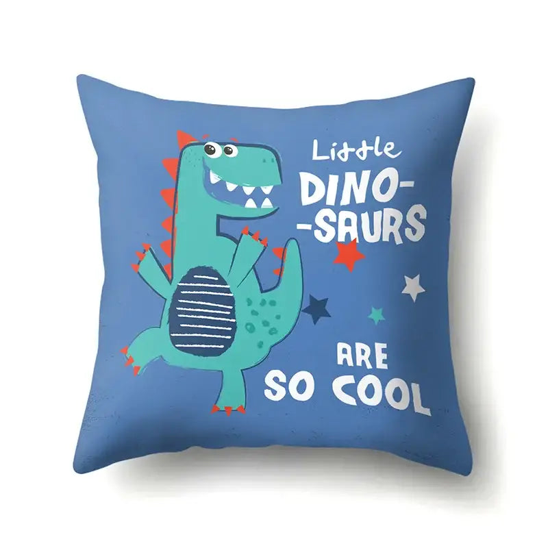 Blue dino baby pillowcase by decorbites featuring cartoon green dinosaur with red spikes and cool white text decorbites dino