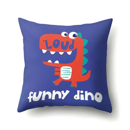 Blue decorbites dino baby pillowcase featuring a cartoon red dinosaur with green spikes holding a striped object