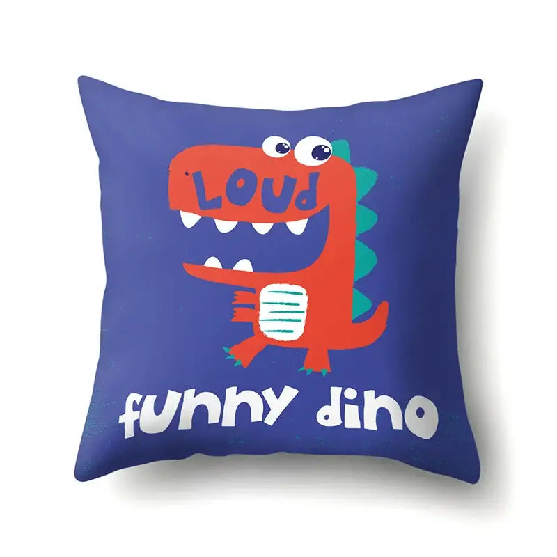Blue decorbites dino baby pillowcase featuring a cartoon red dinosaur with green spikes holding a striped object