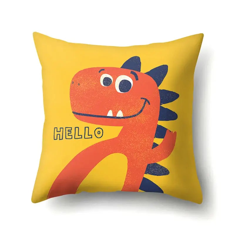 Bright yellow decorbites dino baby pillowcase with cheerful orange dinosaur and hello text for bedroom decor