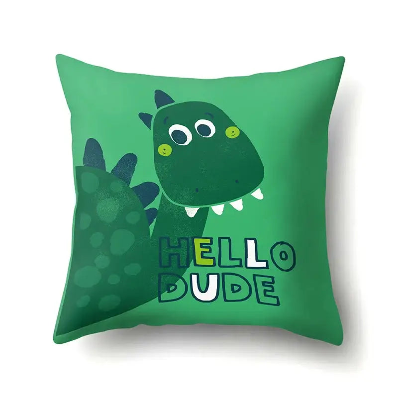 Green colorful cartoon dino baby pillowcase with hello dude text as decorbites dino baby bedroom cushion cover