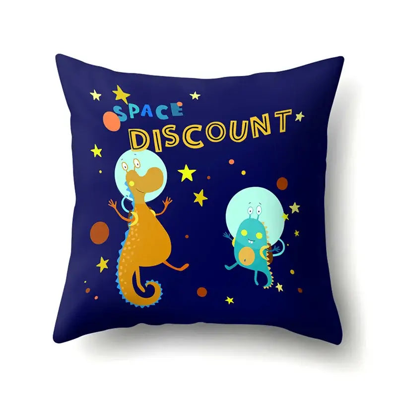 Navy blue decorbites dino baby pillowcase featuring playful cartoon dinosaurs in astronaut suits on starry background