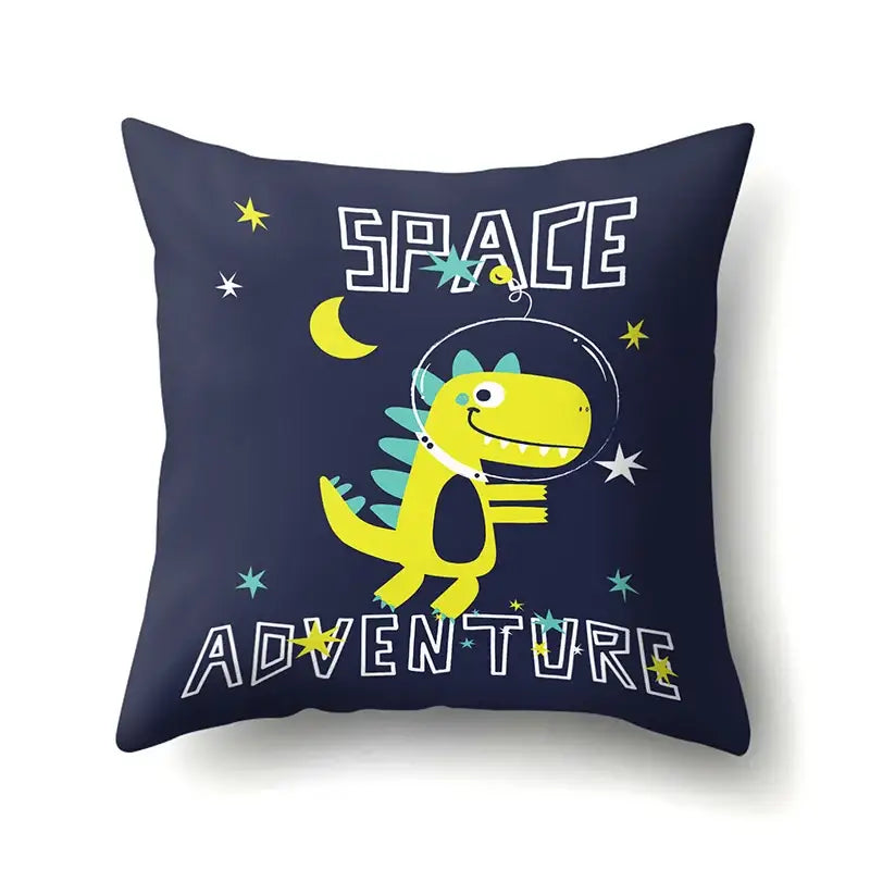 Navy blue decorbites dino baby pillowcase featuring yellow dinosaur in space helmet with space adventure text