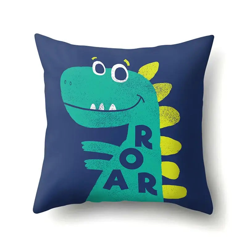 Navy blue decorbites dino baby pillowcase with cheerful teal dinosaur yellow spikes and bold roar text for bedroom decor
