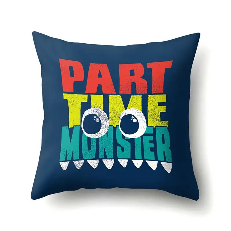 Navy blue decorbites dino baby pillowcase with colorful part time monster text and cartoon monster eyes cushion cover