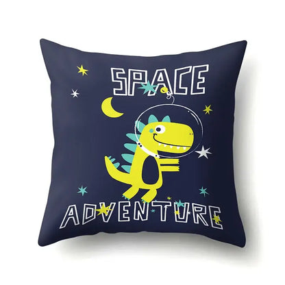 Navy blue decorbites dino baby pillowcase featuring cheerful yellow dinosaur in space helmet for bedroom cushion cover