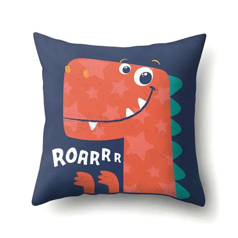 Navy blue decorbites dino baby pillowcase featuring a cheerful orange dinosaur with green spines and roarrr text