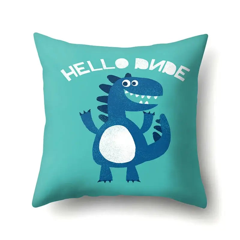 Teal colorful cartoon dino baby pillowcase with blue dinosaur and hello dino text for decorbites dino baby decor