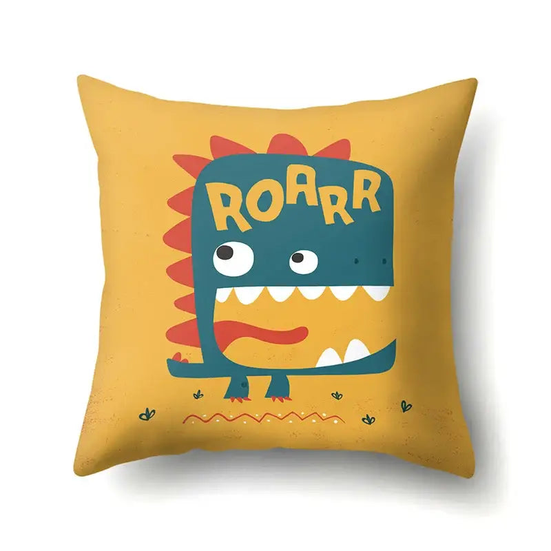 Yellow colorful cartoon dino baby pillowcase featuring a red spined dinosaur and roarr text for decorbites dino baby decor