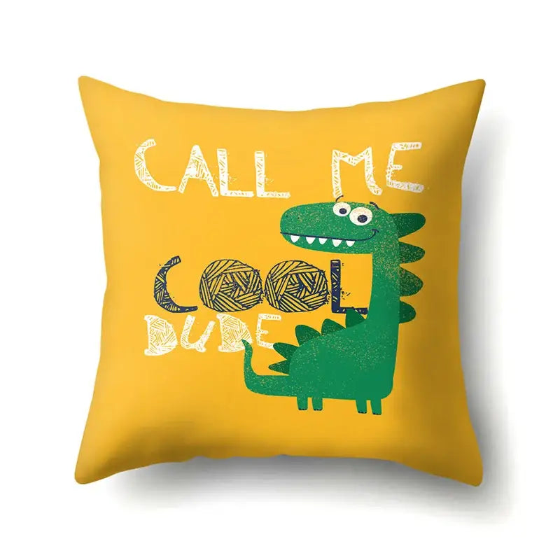 Yellow decorbites dino baby pillowcase featuring a green cartoon dinosaur and call me cool dude text for bedroom decor
