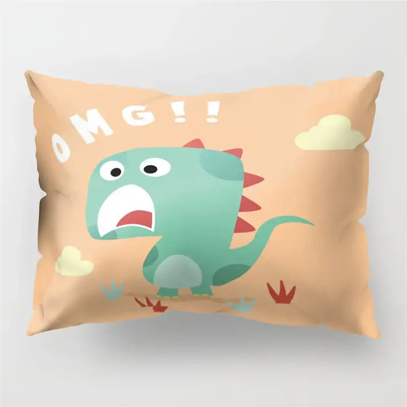 Beige cartoon dinosaur pillowcase with green dinosaur and red spikes featuring omg text for kids bedroom decorbites cartoon dinosaur collection