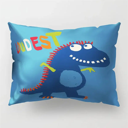 Blue pillowcase featuring a colorful cartoon dinosaur with red spines and yellow claws for kids bedroom decorbites cartoon dinosaur pillowcase