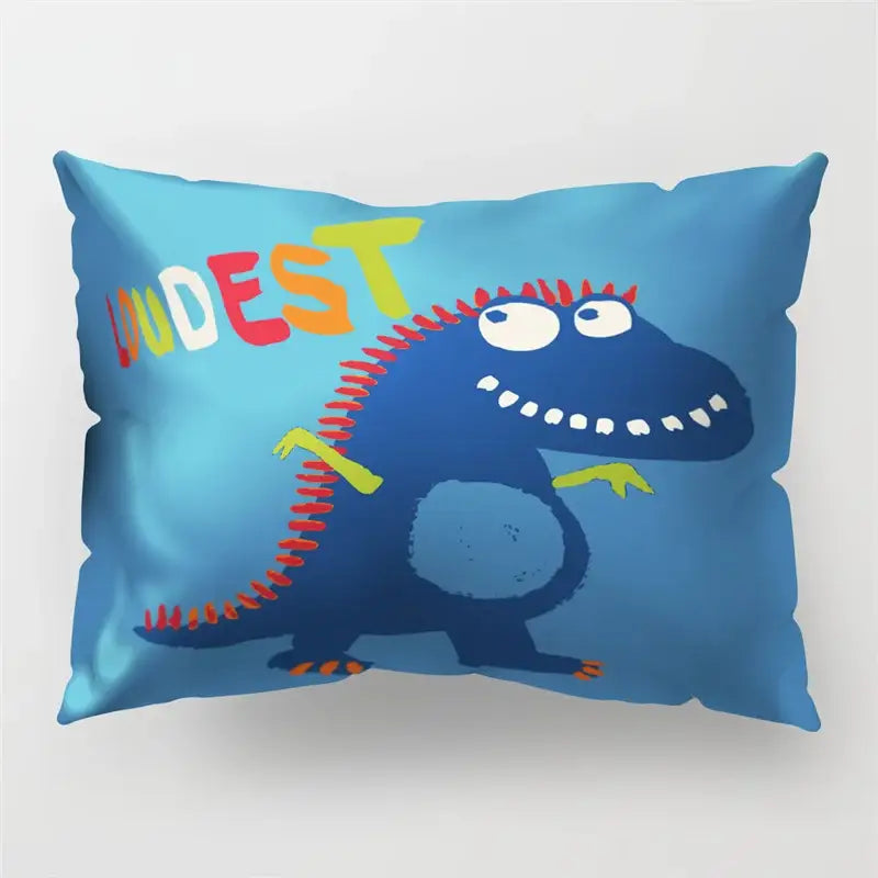 Blue pillowcase featuring a colorful cartoon dinosaur with red spines and yellow claws for kids bedroom decorbites cartoon dinosaur pillowcase