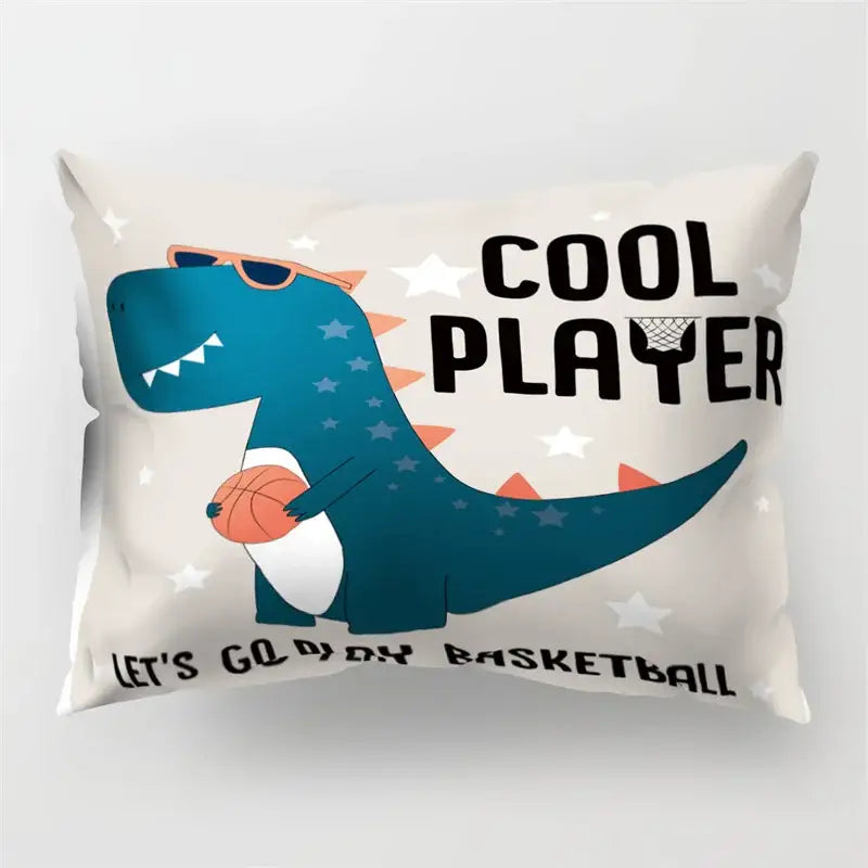 Cream-colored cartoon dinosaur pillowcase with blue dinosaur wearing sunglasses and basketball for kids bedroom decorbites cartoon dinosaur