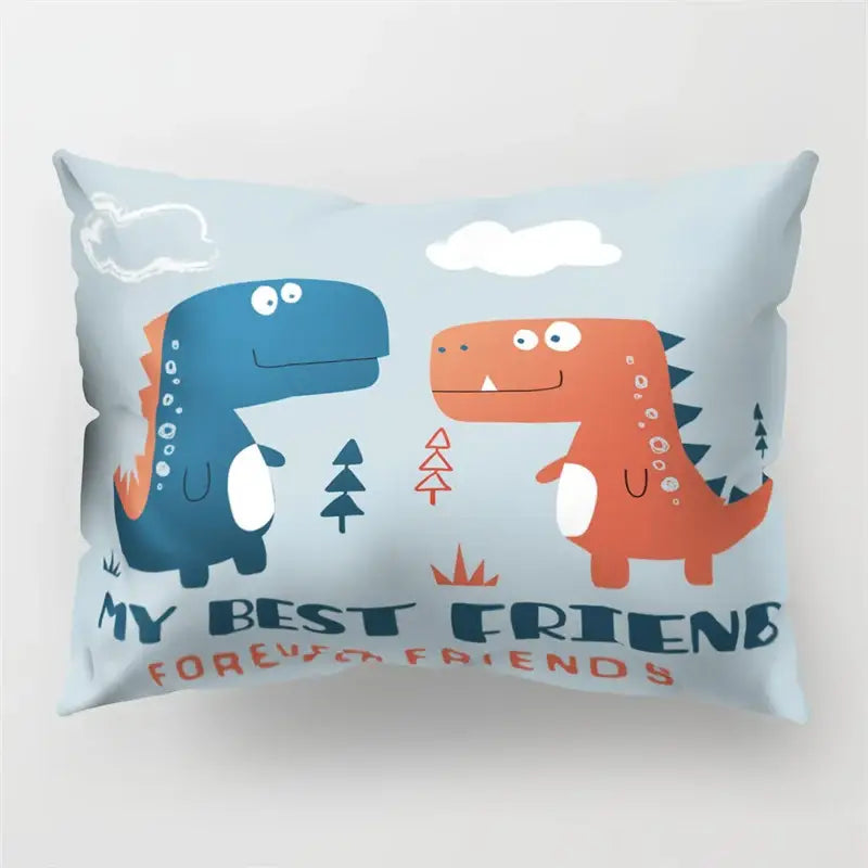 Light blue cartoon dinosaur pillowcase featuring two colorful dinosaurs and my best friends forever text for kids decorbites decor