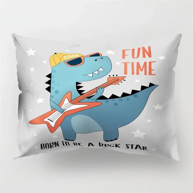 Light gray cartoon dinosaur pillowcase featuring a blue dinosaur with guitar and fun time text for kids bedroom decor