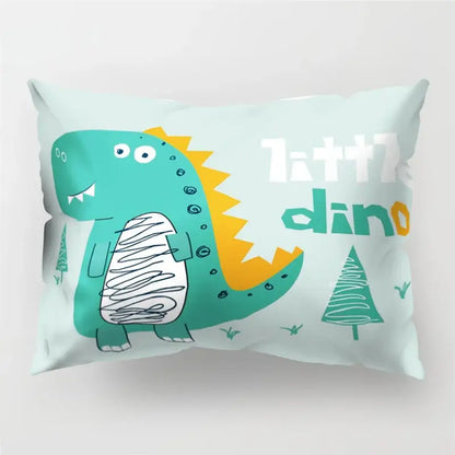 A mint green colorful cartoon dinosaur pillowcase with teal and yellow accents for kids bedroom decor by decorbites