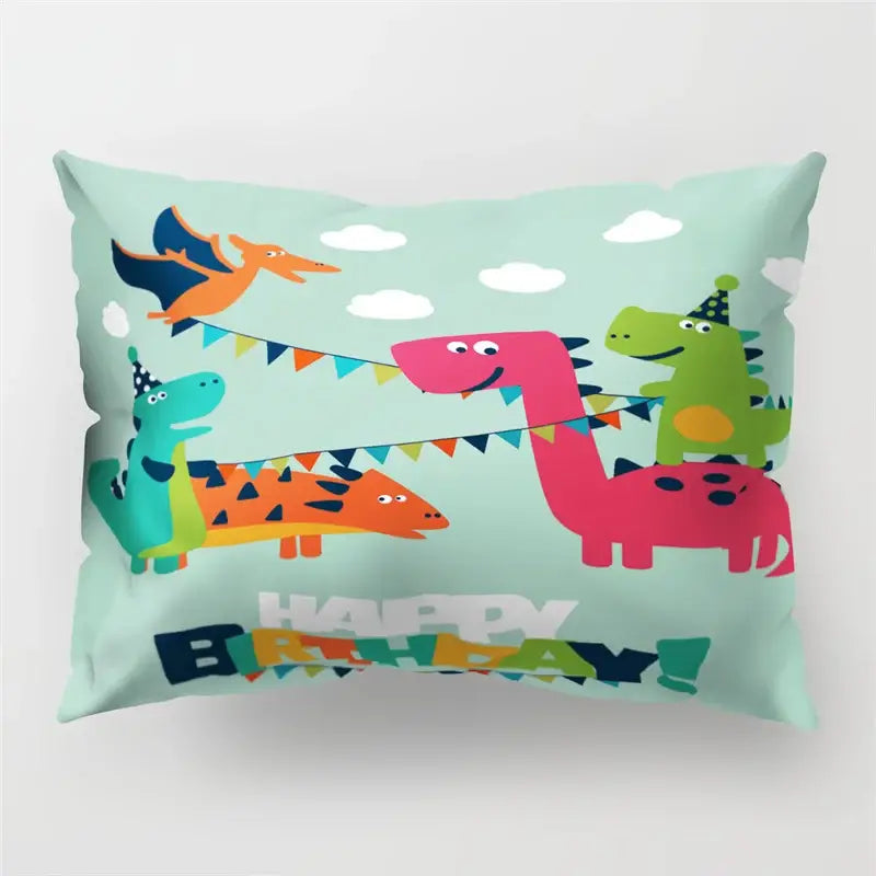 A mint green colorful cartoon dinosaur pillowcase with cheerful birthday party decor and happy birthday text for kids