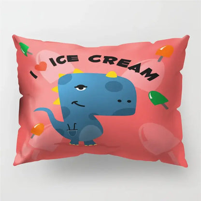 Pink cartoon dinosaur pillowcase with blue dinosaur, yellow spikes, pocket, and ice cream decorbites design for kids bedroom decor