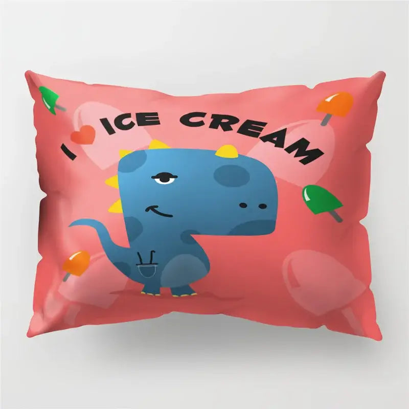 Pink cartoon dinosaur pillowcase with blue dinosaur, yellow spikes, pocket, and ice cream decorbites design for kids bedroom decor