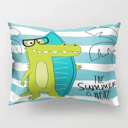 A playful lime green cartoon dinosaur pillowcase with black glasses and blue surfboard decorbites cartoon dinosaur design