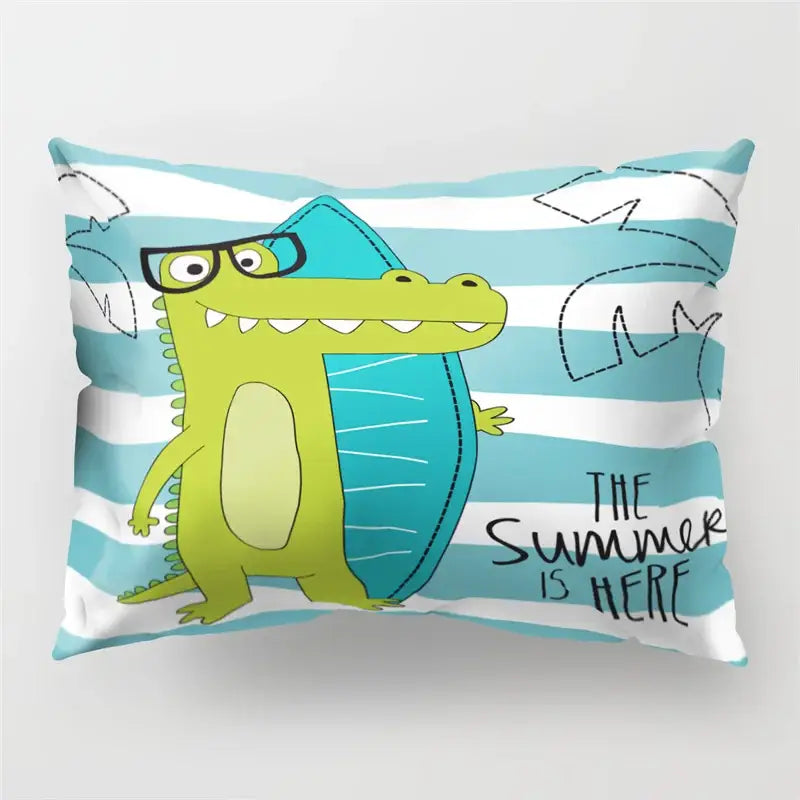 A playful lime green cartoon dinosaur pillowcase with black glasses and blue surfboard decorbites cartoon dinosaur design