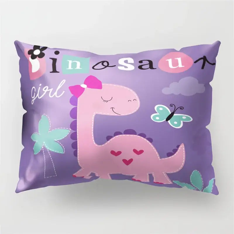 Purple cartoon dinosaur pillowcase featuring a pink cartoon dinosaur with hearts and butterflies for kids bedroom decor