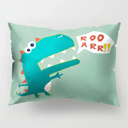 Teal colorful cartoon dinosaur pillowcase with roaring cartoon crocodile and orange spikes for kids bedroom decor
