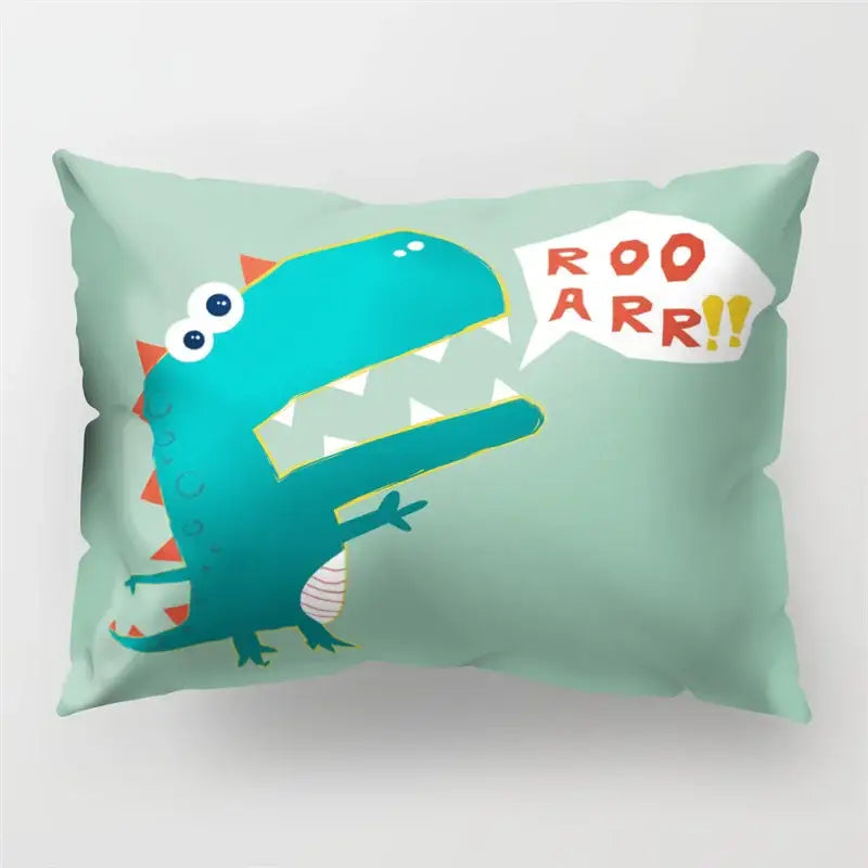 Teal colorful cartoon dinosaur pillowcase with roaring cartoon crocodile and orange spikes for kids bedroom decor