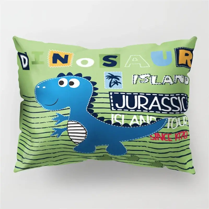 A vibrant green decorbites cartoon dinosaur pillowcase with playful blue dinosaur and colorful dinosaur island text for kids bedroom decor