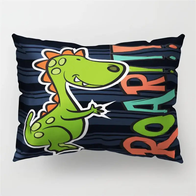A colorful cartoon dinosaur pillowcase with vibrant green dinosaur and bold roar lettering for kids bedroom decor
