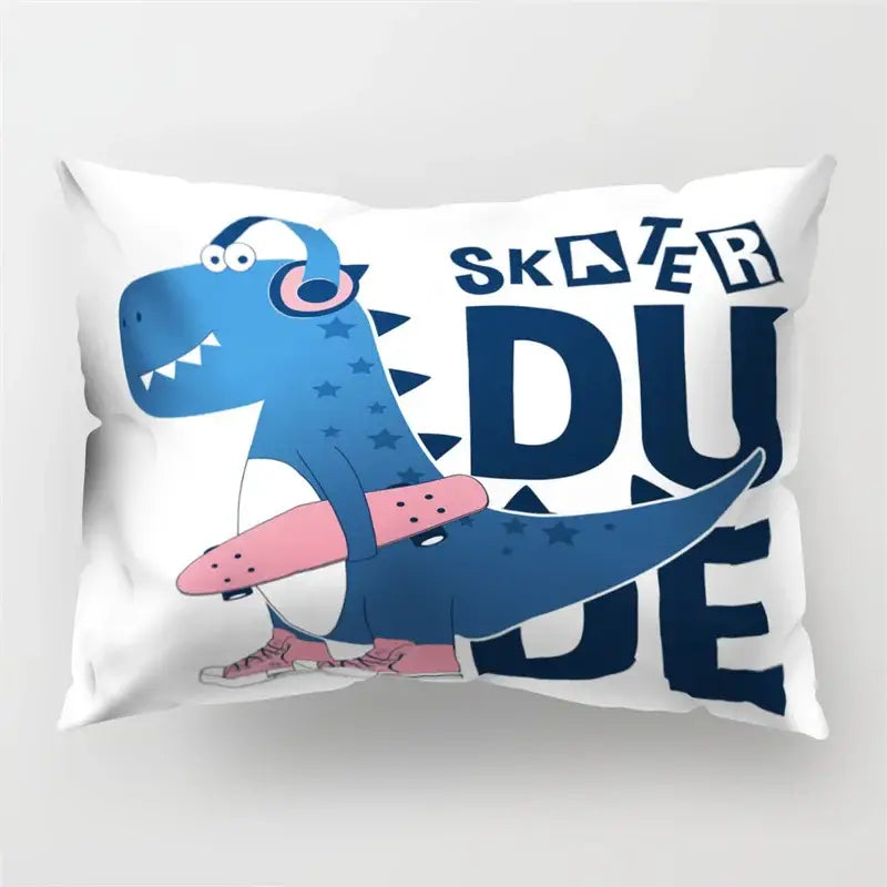 White pillowcase with blue cartoon dinosaur wearing headphones and holding pink skateboard for kids decorbites cartoon dinosaur pillowcase