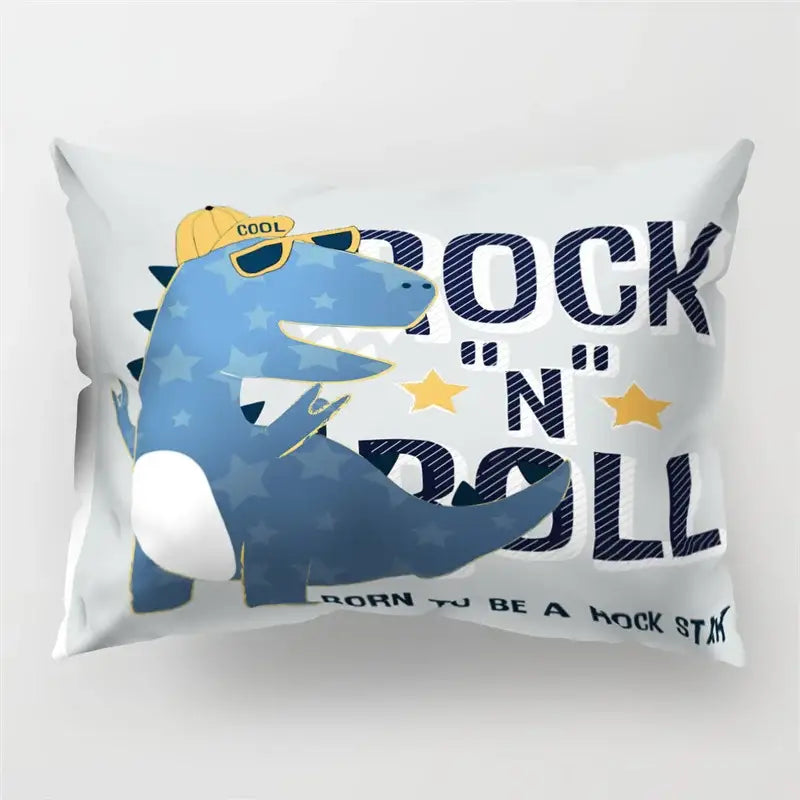 White pillowcase featuring a colorful cartoon dinosaur with sunglasses and cap in navy decorbites cartoon dinosaur style