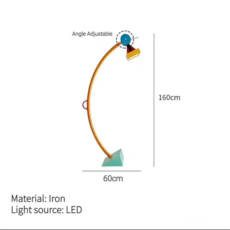 Adjustable 160cm tall iron led floor lamp with curved golden-toned arm for colorful cartoon living room accent lighting