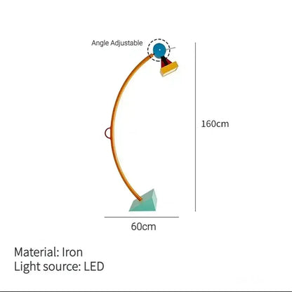 Adjustable 160cm tall iron led floor lamp with curved golden-toned arm for colorful cartoon living room accent lighting