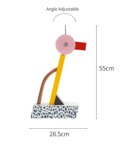 A modern led floor lamp with a colorful abstract bird sculpture featuring pink head red beak and yellow neck