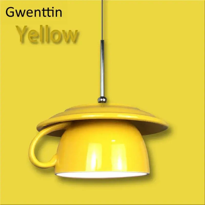 Bright yellow decorbites ceramic cup pendant light shaped like an inverted teacup for kitchen hanging lamp decor