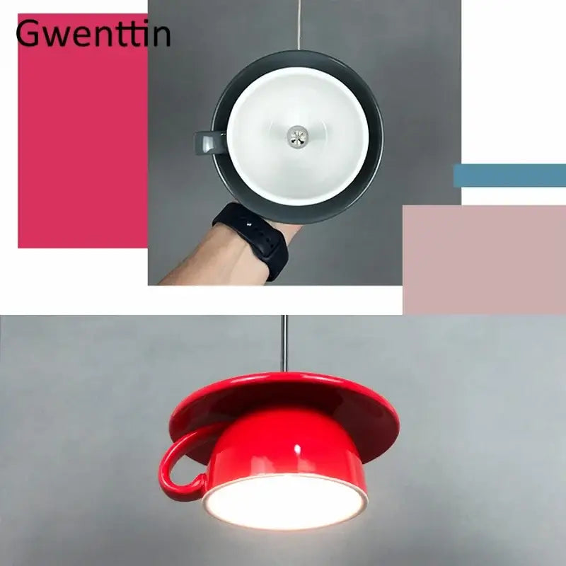 Red ceramic cup pendant light with glossy finish and black rim from decorbites ceramic cup pendant collection