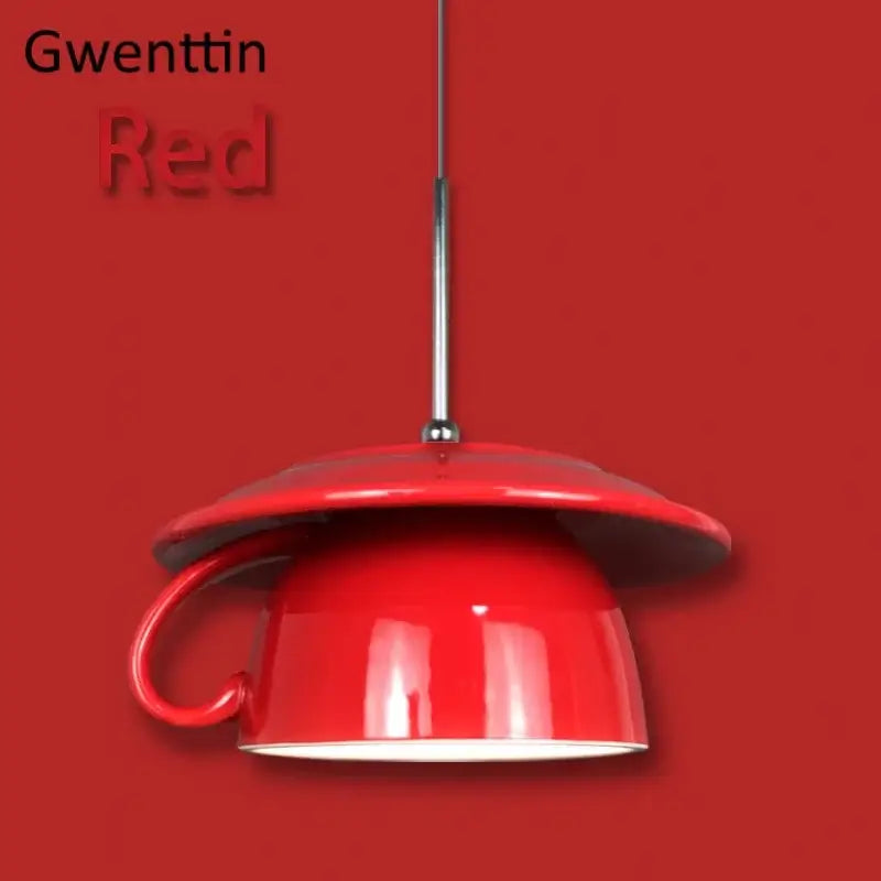 Red decorbites ceramic cup pendant light shaped like an inverted teacup with glossy finish for kitchen decor