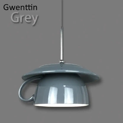 A sleek matte grey ceramic cup pendant light shaped like an inverted teacup with handle and lid for kitchen decorbites