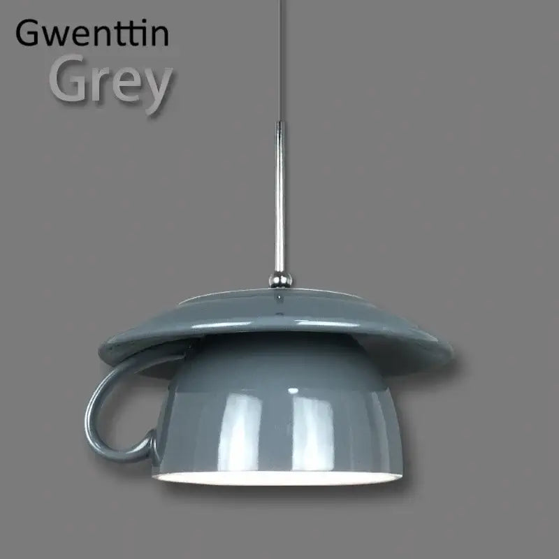 A sleek matte grey ceramic cup pendant light shaped like an inverted teacup with handle and lid for kitchen decorbites