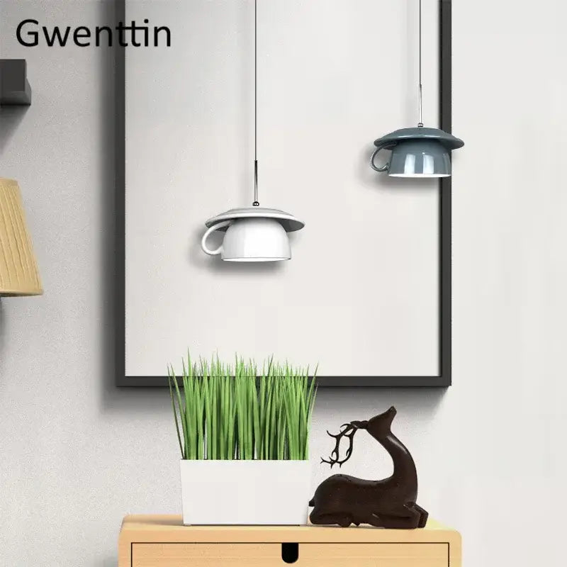 Two colorful ceramic cup pendant lights with matte finish and handles for kitchen decorbites ceramic cup pendant lighting